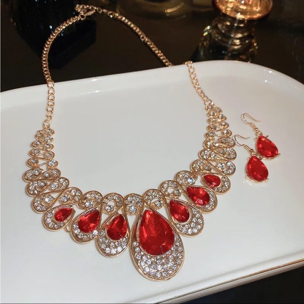 Private Label Gold-Tone Necklace and Earring Set with Red Teardrop Crystals NEW - Picture 5 of 8